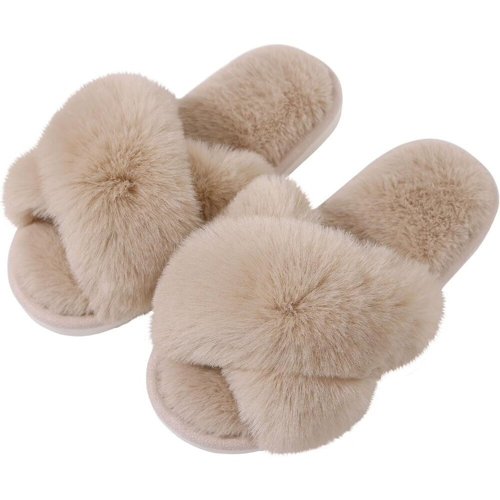 🆕Women's Camel Fuzzy Slippers Cross Band Memory Foam Faux-fur Open Toe Shoes